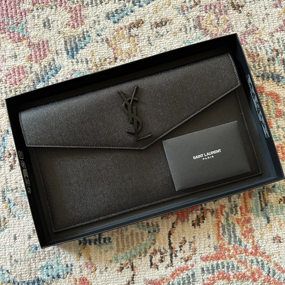 YSL Black Uptown Clutch in Grained Leather